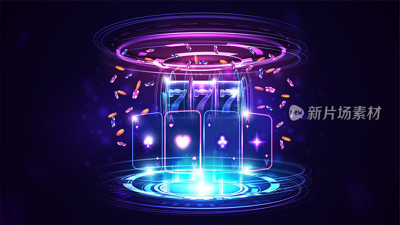 Neon Casino playing cards, slot machine with jackpot, poker chips, gold coins and hologram of digital rings in dark empty scene